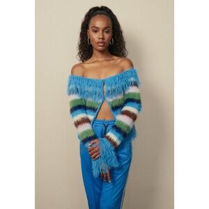 House of Sunny Vivienne Feather Knit Cardigan Blue Multi Striped Fringed‎